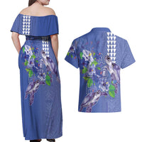 Hawaii Aloha Turtle Hibiscus and Leaves Couples Matching Off Shoulder Maxi Dress and Hawaiian Shirt with Polynesian and Kakau Tattoos Denim Color LT03 - Polynesian Pride