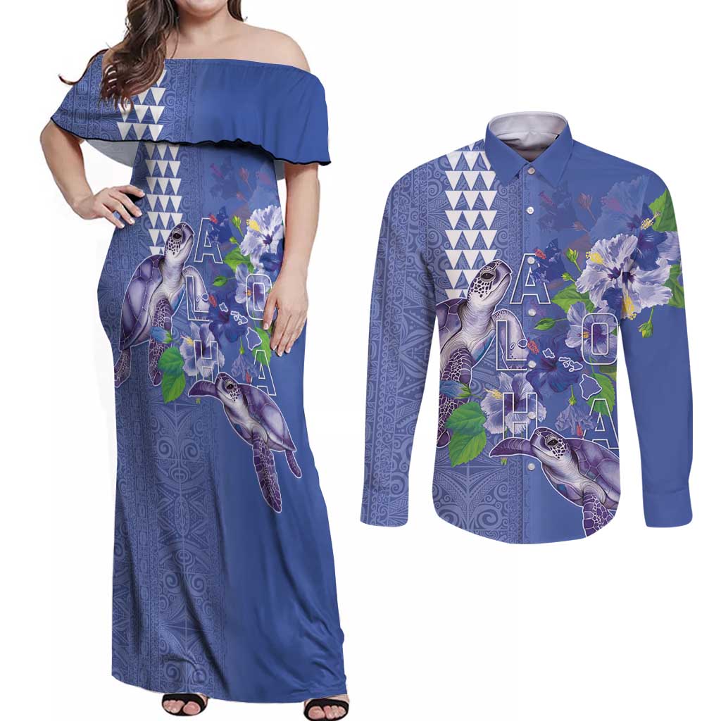 Hawaii Aloha Turtle Hibiscus and Leaves Couples Matching Off Shoulder Maxi Dress and Long Sleeve Button Shirt with Polynesian and Kakau Tattoos Denim Color LT03 Blue - Polynesian Pride