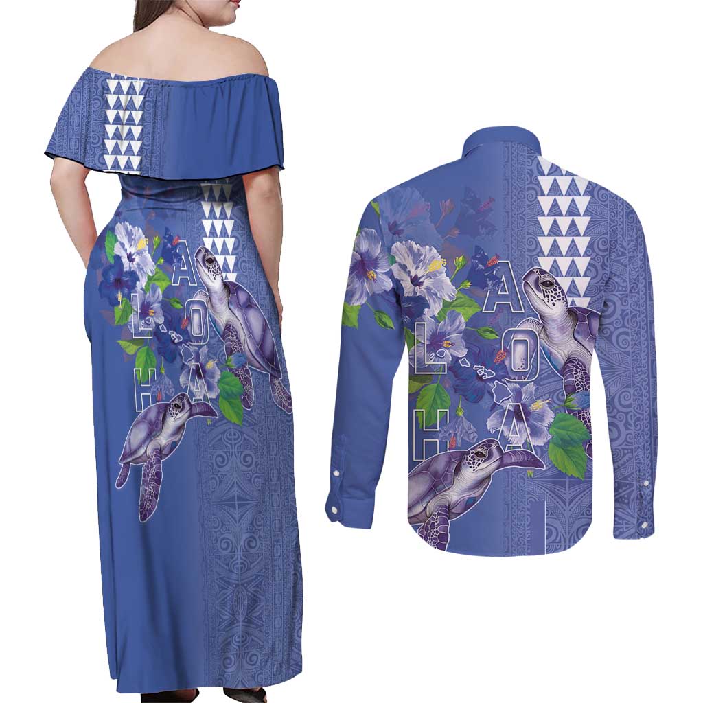 Hawaii Aloha Turtle Hibiscus and Leaves Couples Matching Off Shoulder Maxi Dress and Long Sleeve Button Shirt with Polynesian and Kakau Tattoos Denim Color LT03 - Polynesian Pride