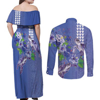 Hawaii Aloha Turtle Hibiscus and Leaves Couples Matching Off Shoulder Maxi Dress and Long Sleeve Button Shirt with Polynesian and Kakau Tattoos Denim Color LT03 - Polynesian Pride