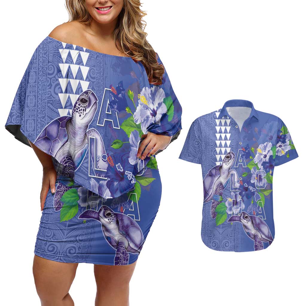 Hawaii Aloha Turtle Hibiscus and Leaves Couples Matching Off Shoulder Short Dress and Hawaiian Shirt with Polynesian and Kakau Tattoos Denim Color LT03 Blue - Polynesian Pride