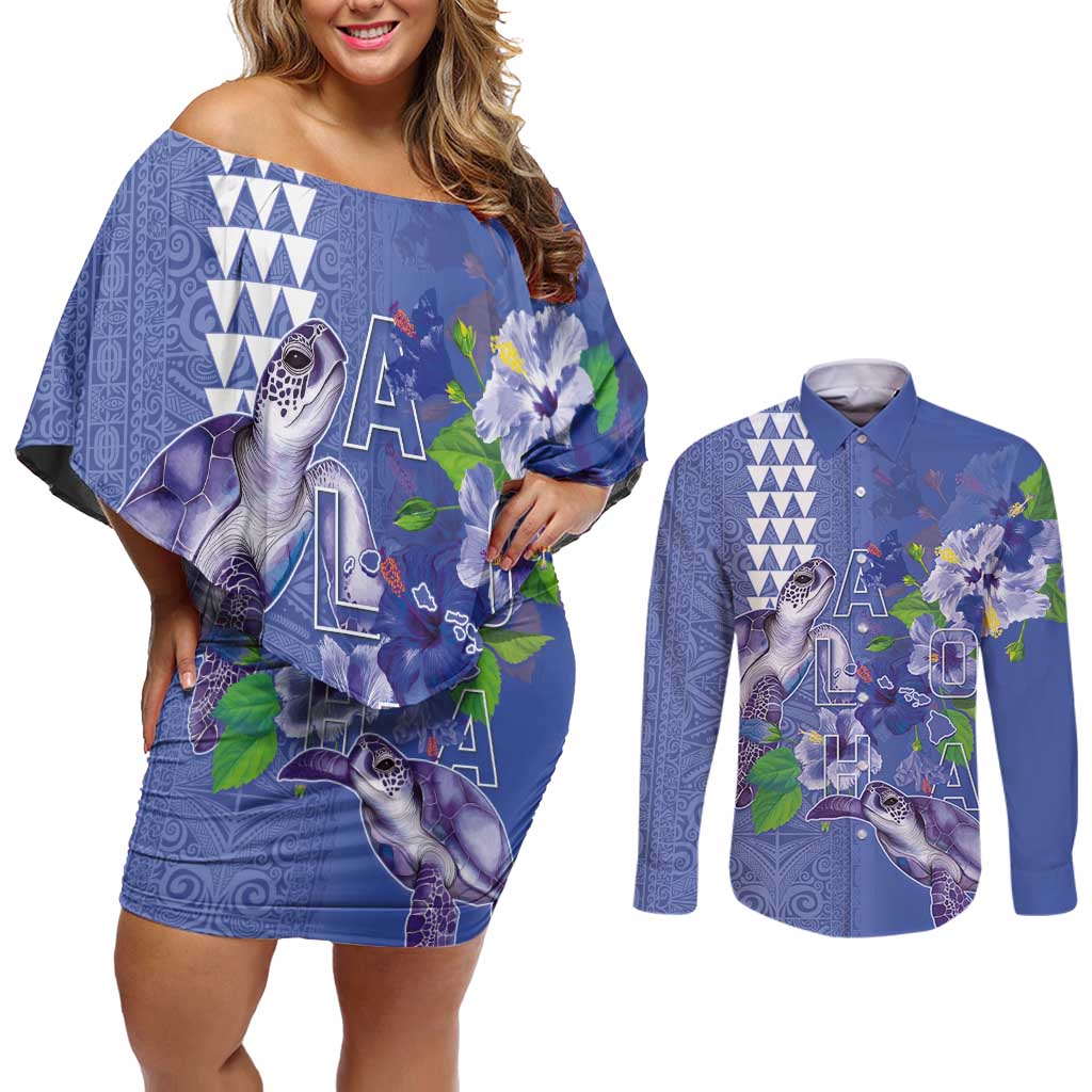 Hawaii Aloha Turtle Hibiscus and Leaves Couples Matching Off Shoulder Short Dress and Long Sleeve Button Shirt with Polynesian and Kakau Tattoos Denim Color - Polynesian Pride
