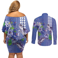 Hawaii Aloha Turtle Hibiscus and Leaves Couples Matching Off Shoulder Short Dress and Long Sleeve Button Shirt with Polynesian and Kakau Tattoos Denim Color LT03 - Polynesian Pride