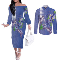 Hawaii Aloha Turtle Hibiscus and Leaves Couples Matching Off The Shoulder Long Sleeve Dress and Long Sleeve Button Shirt with Polynesian and Kakau Tattoos Denim Color LT03 Blue - Polynesian Pride