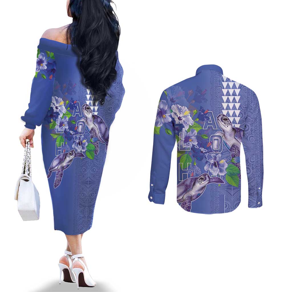 Hawaii Aloha Turtle Hibiscus and Leaves Couples Matching Off The Shoulder Long Sleeve Dress and Long Sleeve Button Shirt with Polynesian and Kakau Tattoos Denim Color LT03 - Polynesian Pride