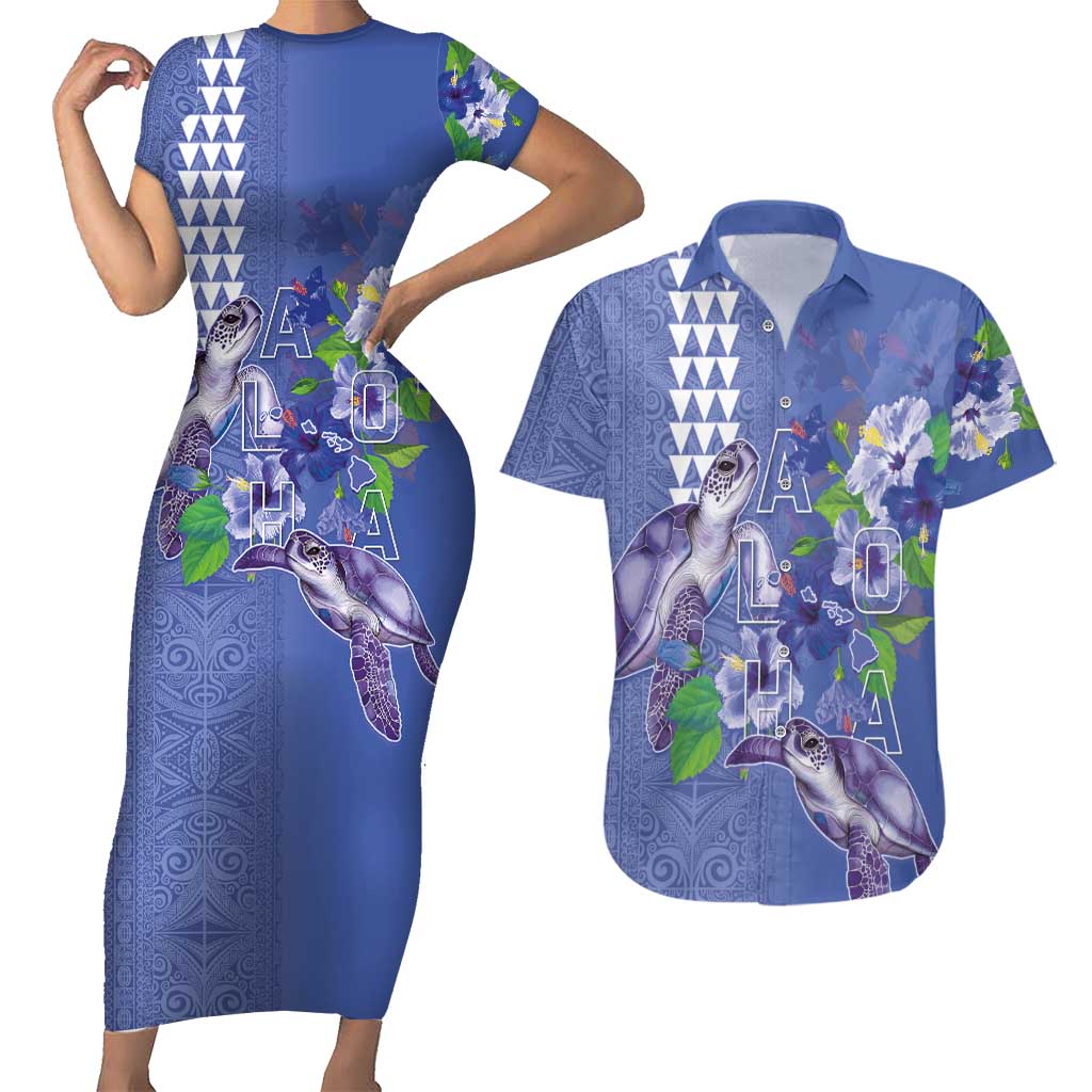 Hawaii Aloha Turtle Hibiscus and Leaves Couples Matching Short Sleeve Bodycon Dress and Hawaiian Shirt with Polynesian and Kakau Tattoos Denim Color LT03 Blue - Polynesian Pride