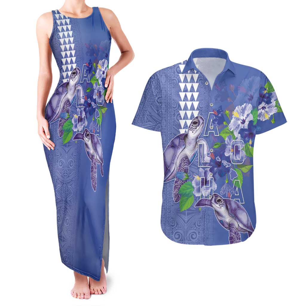 Hawaii Aloha Turtle Hibiscus and Leaves Couples Matching Tank Maxi Dress and Hawaiian Shirt with Polynesian and Kakau Tattoos Denim Color LT03 Blue - Polynesian Pride