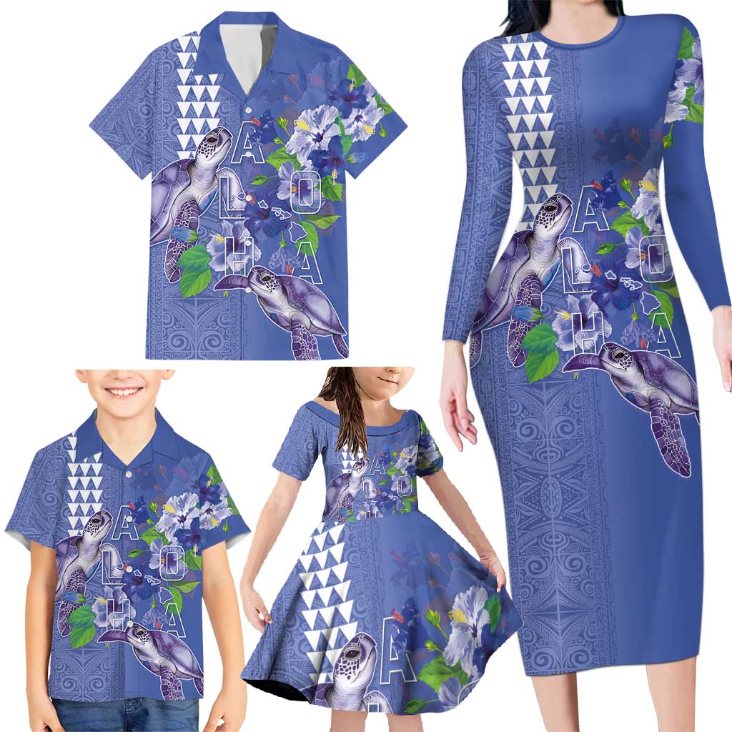 Hawaii Aloha Turtle Hibiscus and Leaves Family Matching Long Sleeve Bodycon Dress and Hawaiian Shirt with Polynesian and Kakau Tattoos Denim Color LT03 - Polynesian Pride