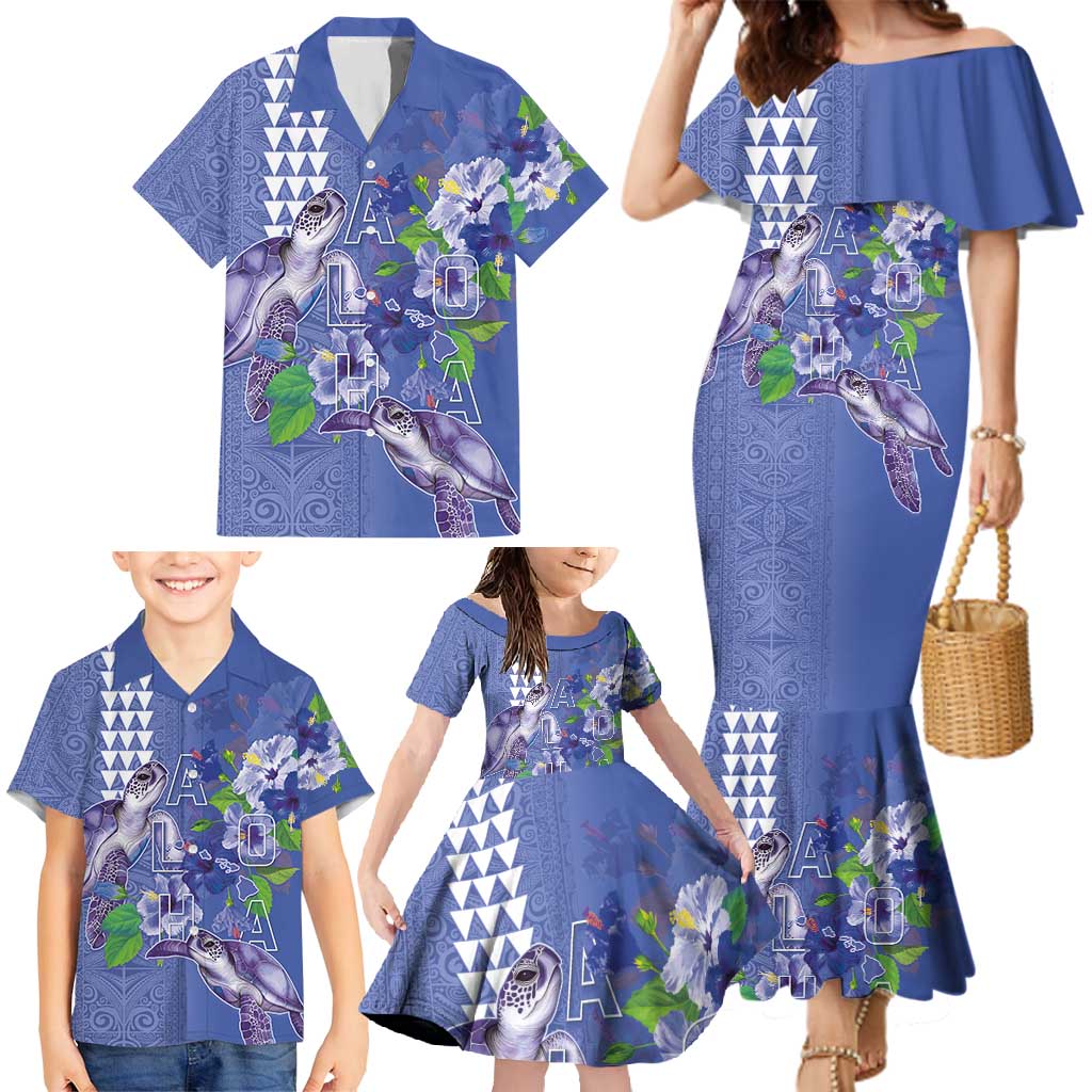 Hawaii Aloha Turtle Hibiscus and Leaves Family Matching Mermaid Dress and Hawaiian Shirt with Polynesian and Kakau Tattoos Denim Color LT03 - Polynesian Pride