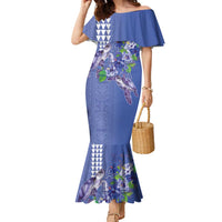 Hawaii Aloha Turtle Hibiscus and Leaves Family Matching Mermaid Dress and Hawaiian Shirt with Polynesian and Kakau Tattoos Denim Color LT03 Mom's Dress Blue - Polynesian Pride