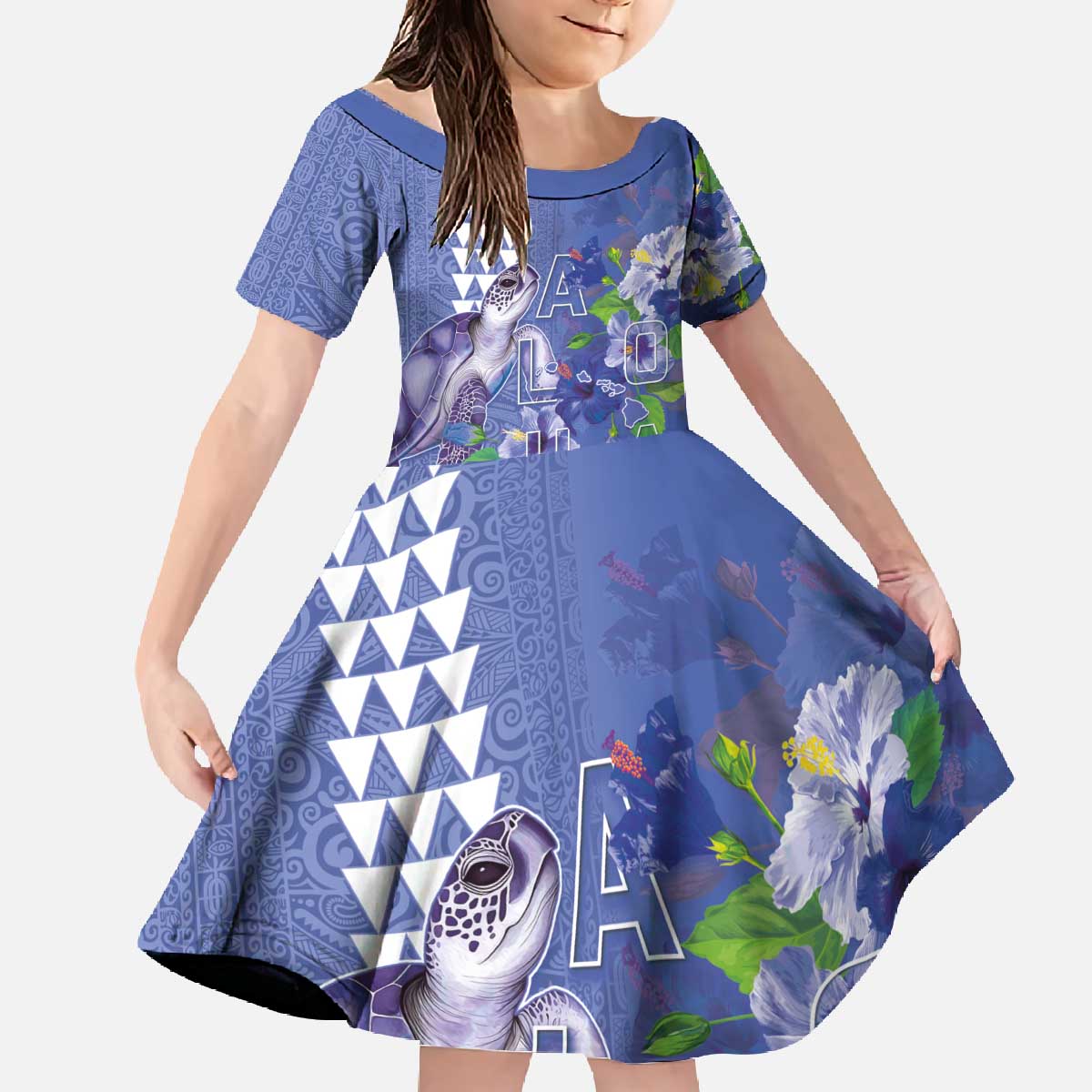 Hawaii Aloha Turtle Hibiscus and Leaves Family Matching Off The Shoulder Long Sleeve Dress and Hawaiian Shirt with Polynesian and Kakau Tattoos Denim Color LT03 Daughter's Dress Blue - Polynesian Pride