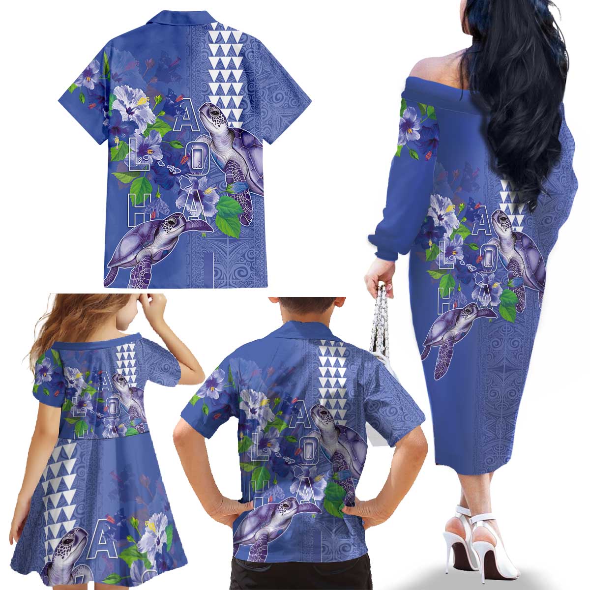 Hawaii Aloha Turtle Hibiscus and Leaves Family Matching Off The Shoulder Long Sleeve Dress and Hawaiian Shirt with Polynesian and Kakau Tattoos Denim Color LT03 - Polynesian Pride