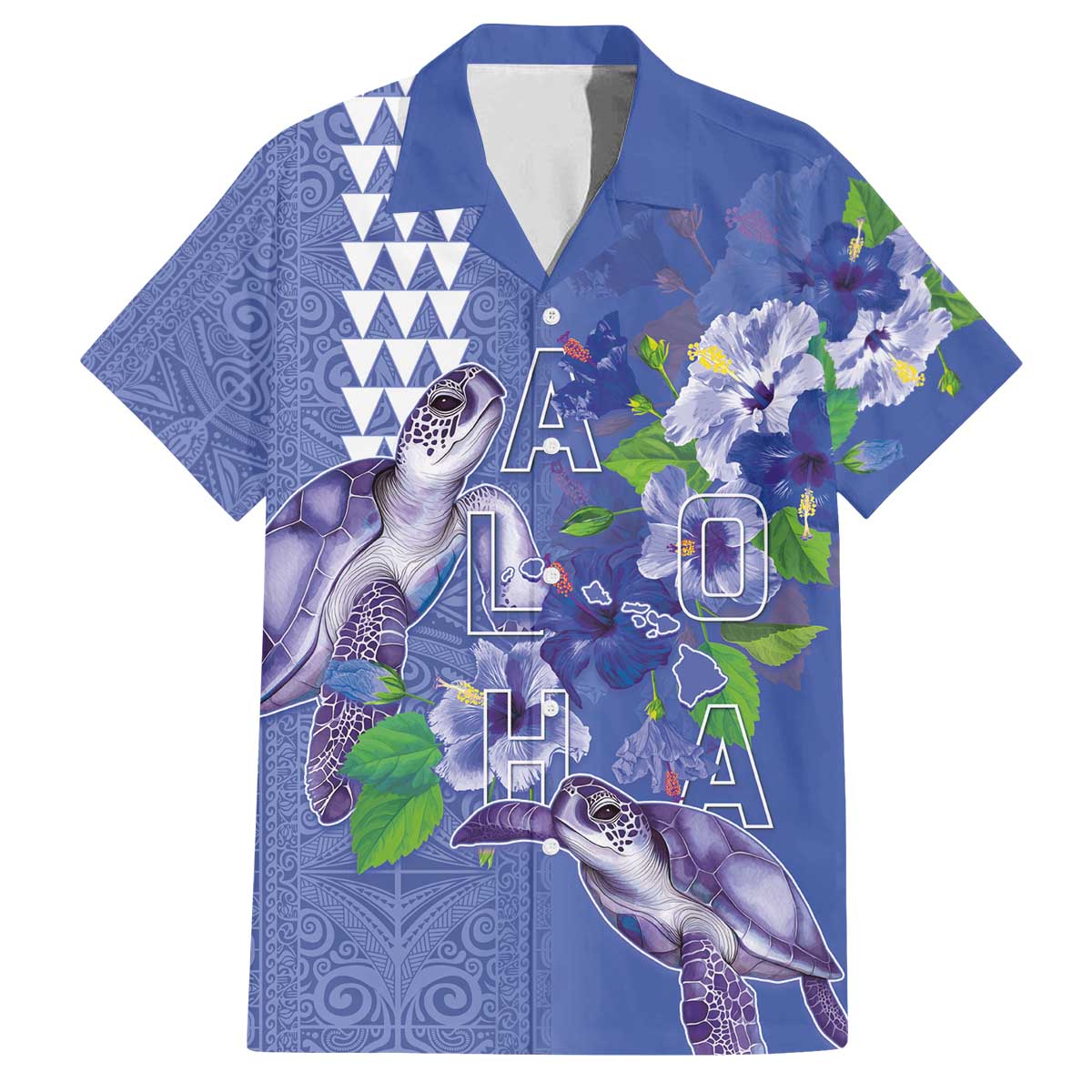 Hawaii Aloha Turtle Hibiscus and Leaves Family Matching Off The Shoulder Long Sleeve Dress and Hawaiian Shirt with Polynesian and Kakau Tattoos Denim Color LT03 Dad's Shirt - Short Sleeve Blue - Polynesian Pride