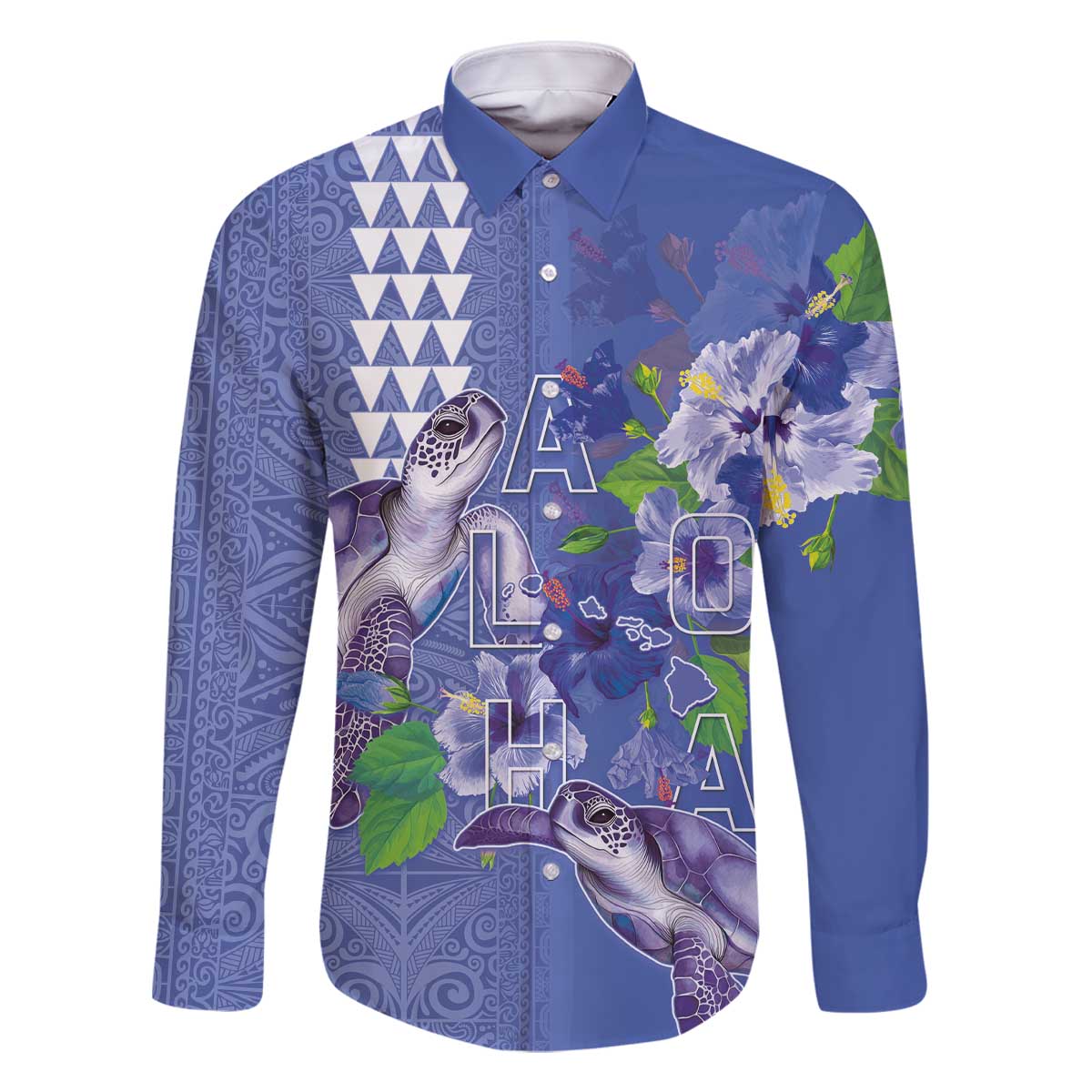 Hawaii Aloha Turtle Hibiscus and Leaves Family Matching Off The Shoulder Long Sleeve Dress and Hawaiian Shirt with Polynesian and Kakau Tattoos Denim Color LT03 Dad's Shirt - Long Sleeve Blue - Polynesian Pride