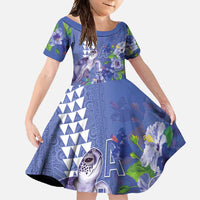 Hawaii Aloha Turtle Hibiscus and Leaves Family Matching Off Shoulder Maxi Dress and Hawaiian Shirt with Polynesian and Kakau Tattoos Denim Color LT03 Daughter's Dress Blue - Polynesian Pride