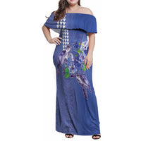 Hawaii Aloha Turtle Hibiscus and Leaves Family Matching Off Shoulder Maxi Dress and Hawaiian Shirt with Polynesian and Kakau Tattoos Denim Color LT03 Mom's Dress Blue - Polynesian Pride