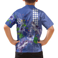 Hawaii Aloha Turtle Hibiscus and Leaves Family Matching Off Shoulder Short Dress and Hawaiian Shirt with Polynesian and Kakau Tattoos Denim Color LT03 - Polynesian Pride