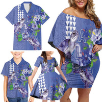Hawaii Aloha Turtle Hibiscus and Leaves Family Matching Off Shoulder Short Dress and Hawaiian Shirt with Polynesian and Kakau Tattoos Denim Color LT03 - Polynesian Pride