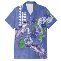 Hawaii Aloha Turtle Hibiscus and Leaves Family Matching Off Shoulder Short Dress and Hawaiian Shirt with Polynesian and Kakau Tattoos Denim Color LT03 Dad's Shirt - Short Sleeve Blue - Polynesian Pride