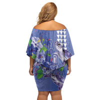 Hawaii Aloha Turtle Hibiscus and Leaves Family Matching Off Shoulder Short Dress and Hawaiian Shirt with Polynesian and Kakau Tattoos Denim Color LT03 - Polynesian Pride