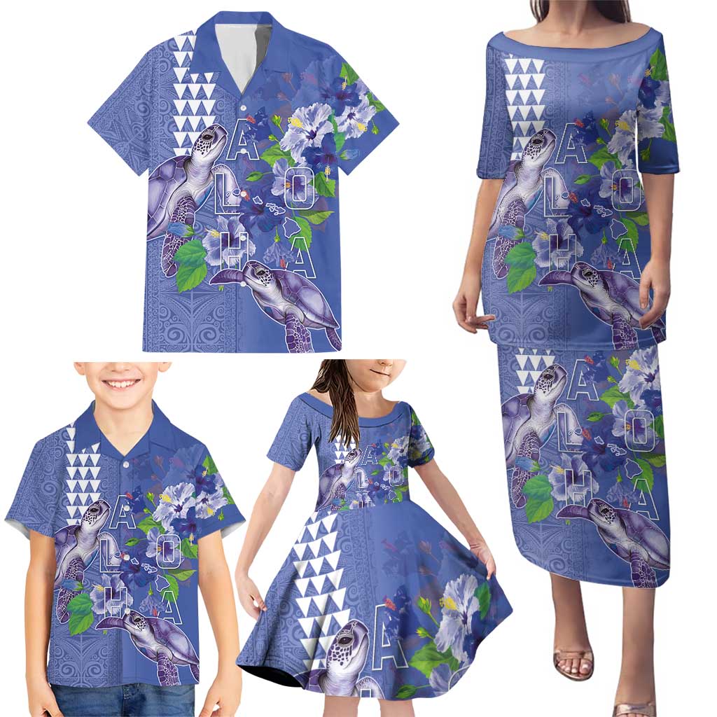 Hawaii Aloha Turtle Hibiscus and Leaves Family Matching Puletasi and Hawaiian Shirt with Polynesian and Kakau Tattoos Denim Color LT03 - Polynesian Pride