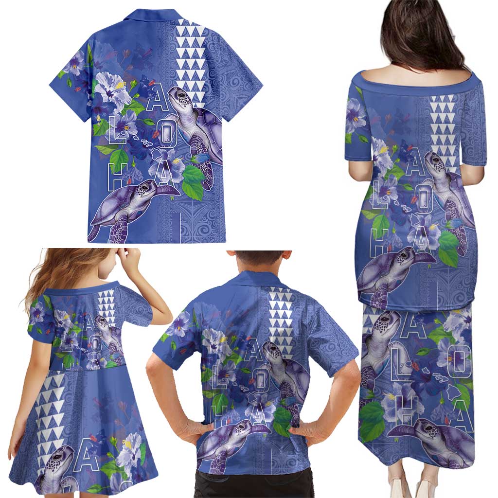 Hawaii Aloha Turtle Hibiscus and Leaves Family Matching Puletasi and Hawaiian Shirt with Polynesian and Kakau Tattoos Denim Color LT03 - Polynesian Pride
