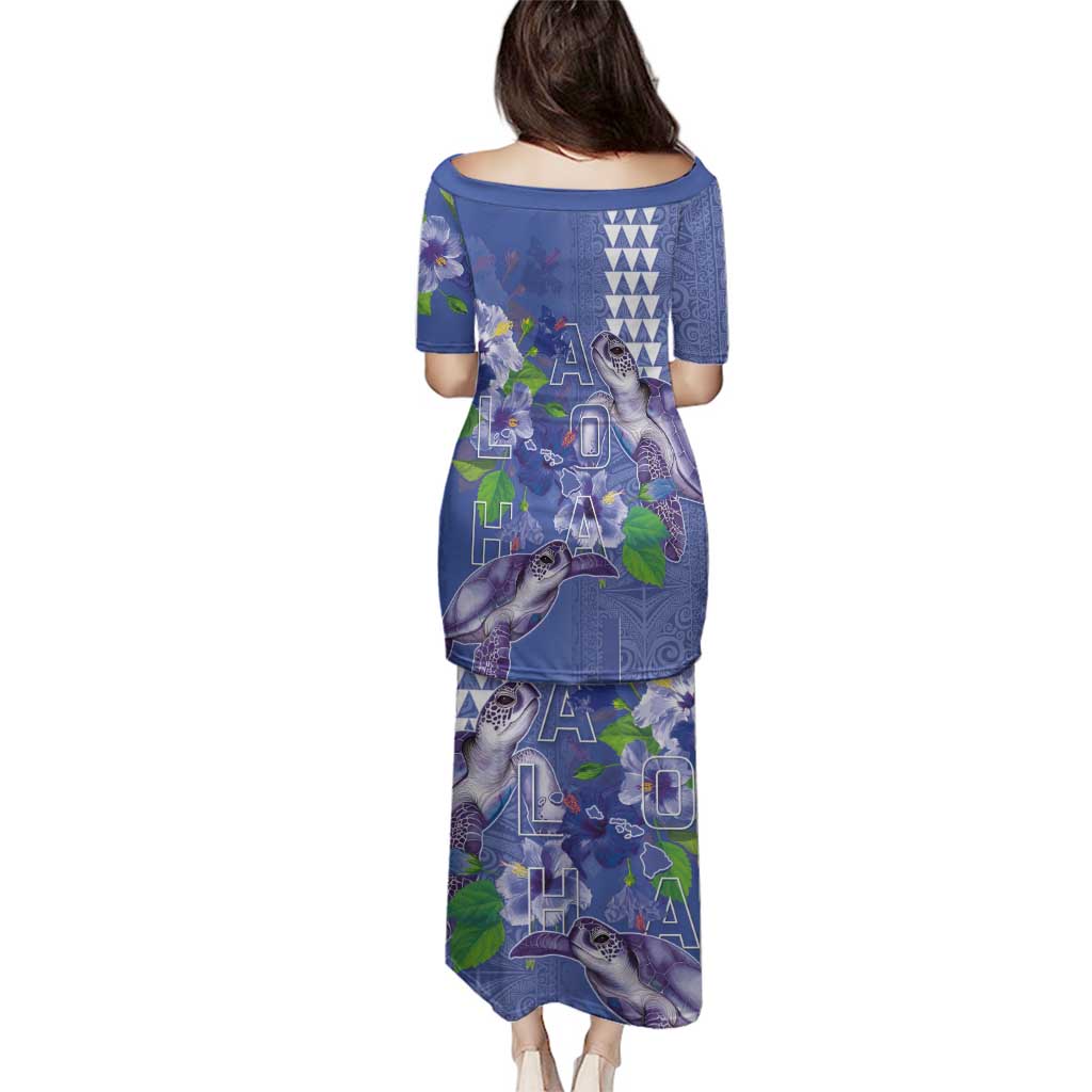 Hawaii Aloha Turtle Hibiscus and Leaves Family Matching Puletasi and Hawaiian Shirt with Polynesian and Kakau Tattoos Denim Color LT03 - Polynesian Pride