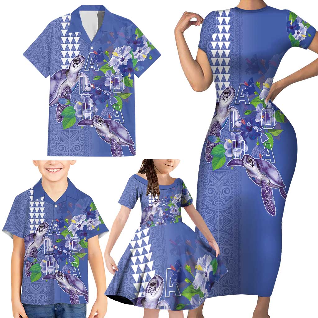 Hawaii Aloha Turtle Hibiscus and Leaves Family Matching Short Sleeve Bodycon Dress and Hawaiian Shirt with Polynesian and Kakau Tattoos Denim Color LT03 - Polynesian Pride