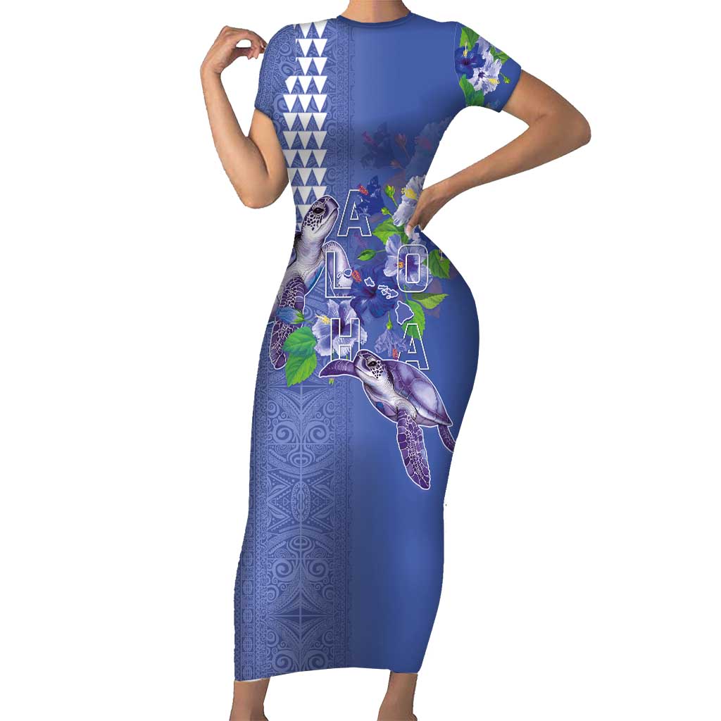Hawaii Aloha Turtle Hibiscus and Leaves Family Matching Short Sleeve Bodycon Dress and Hawaiian Shirt with Polynesian and Kakau Tattoos Denim Color LT03 Mom's Dress Blue - Polynesian Pride