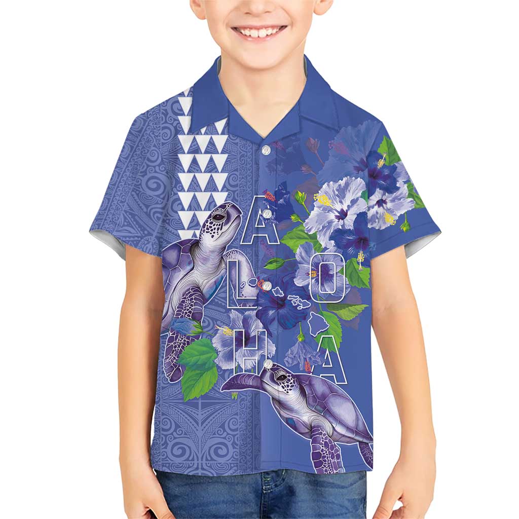 Hawaii Aloha Turtle Hibiscus and Leaves Family Matching Short Sleeve Bodycon Dress and Hawaiian Shirt with Polynesian and Kakau Tattoos Denim Color LT03 Son's Shirt Blue - Polynesian Pride