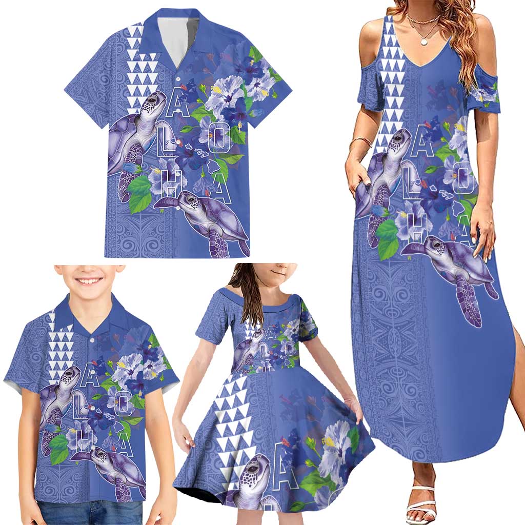 Hawaii Aloha Turtle Hibiscus and Leaves Family Matching Summer Maxi Dress and Hawaiian Shirt with Polynesian and Kakau Tattoos Denim Color LT03 - Polynesian Pride