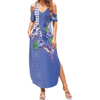 Hawaii Aloha Turtle Hibiscus and Leaves Family Matching Summer Maxi Dress and Hawaiian Shirt with Polynesian and Kakau Tattoos Denim Color LT03 Mom's Dress Blue - Polynesian Pride