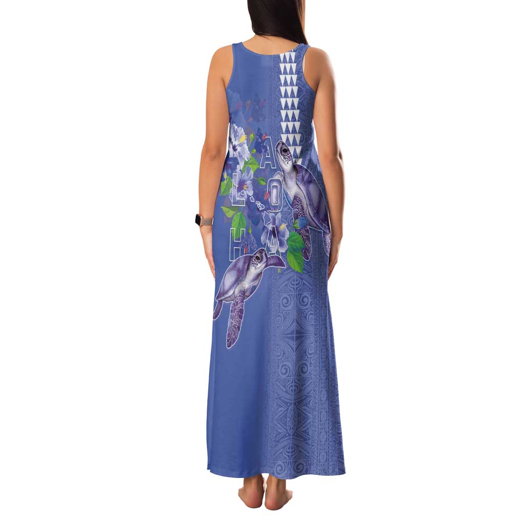 Hawaii Aloha Turtle Hibiscus and Leaves Family Matching Tank Maxi Dress and Hawaiian Shirt with Polynesian and Kakau Tattoos Denim Color - Polynesian Pride