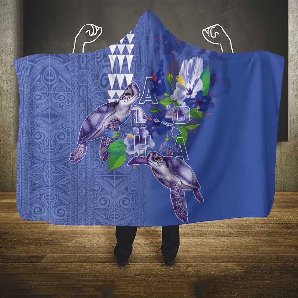 Hawaii Aloha Turtle Hibiscus and Leaves Hooded Blanket with Polynesian and Kakau Tattoos Denim Color - Polynesian Pride