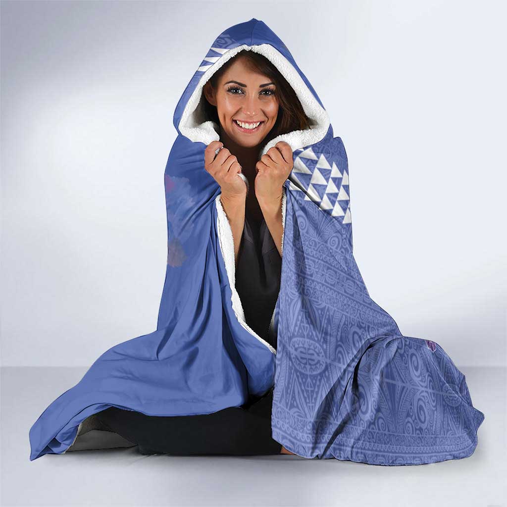 Hawaii Aloha Turtle Hibiscus and Leaves Hooded Blanket with Polynesian and Kakau Tattoos Denim Color - Polynesian Pride