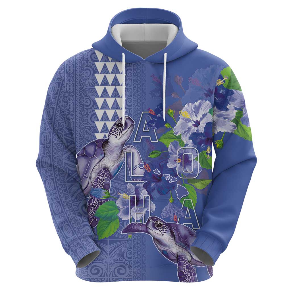 Hawaii Aloha Turtle Hibiscus and Leaves Hoodie with Polynesian and Kakau Tattoos Denim Color - Polynesian Pride