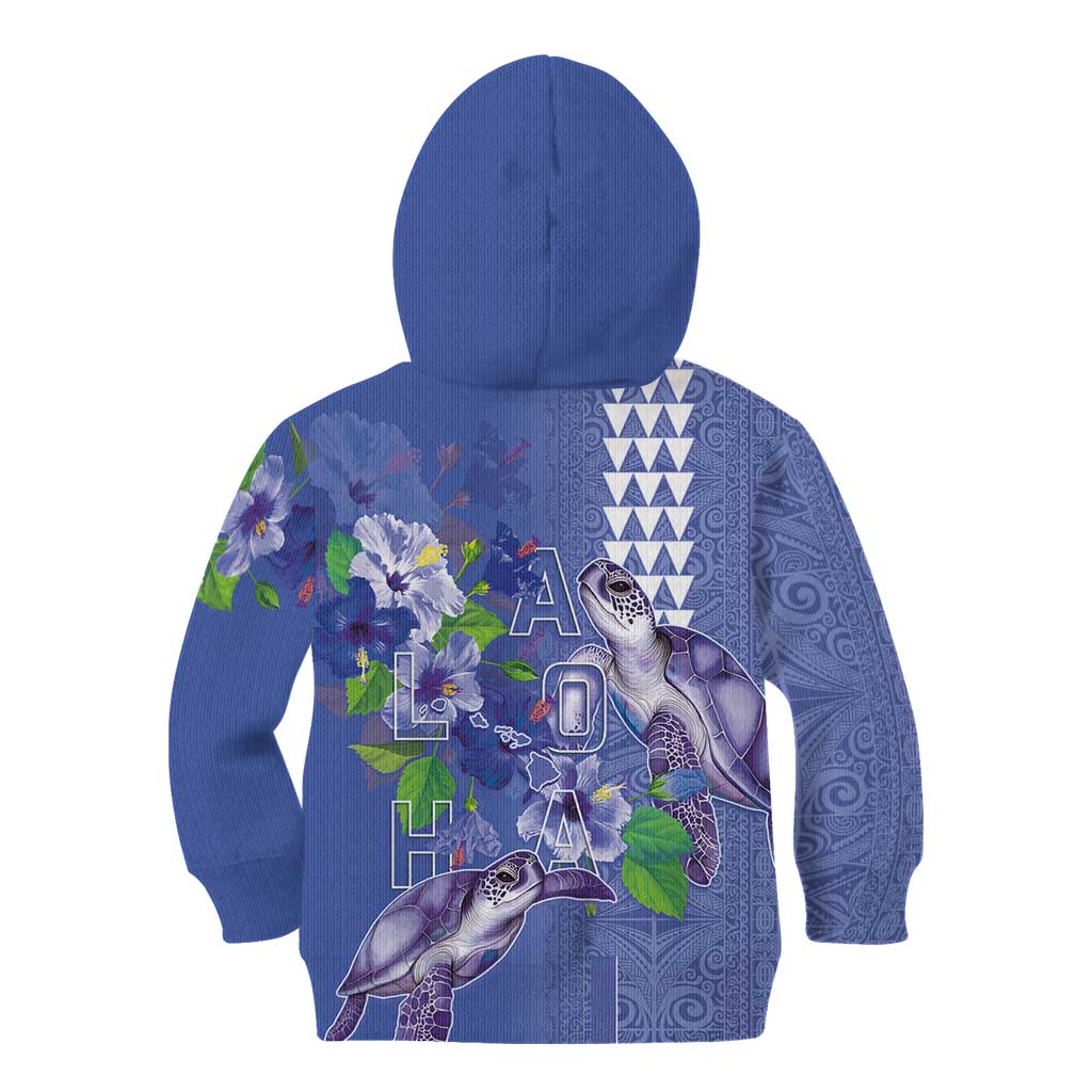 Hawaii Aloha Turtle Hibiscus and Leaves Kid Hoodie with Polynesian and Kakau Tattoos Denim Color - Polynesian Pride