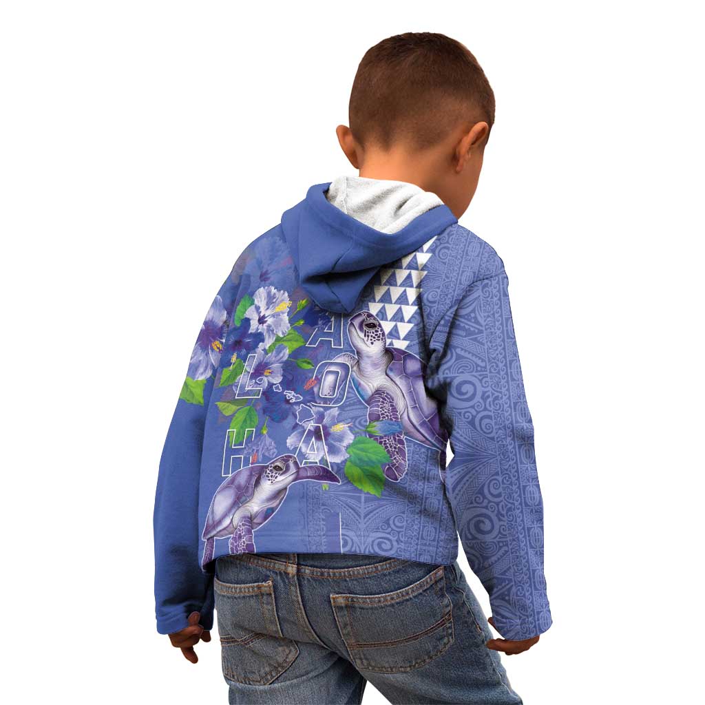 Hawaii Aloha Turtle Hibiscus and Leaves Kid Hoodie with Polynesian and Kakau Tattoos Denim Color - Polynesian Pride