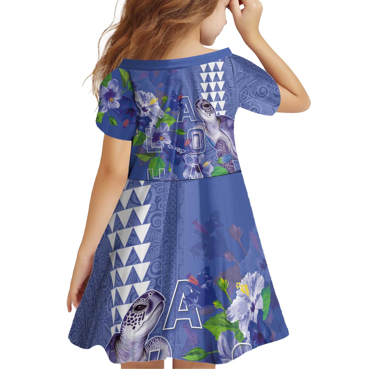 Hawaii Aloha Turtle Hibiscus and Leaves Kid Short Sleeve Dress with Polynesian and Kakau Tattoos Denim Color LT03 - Polynesian Pride