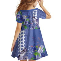 Hawaii Aloha Turtle Hibiscus and Leaves Kid Short Sleeve Dress with Polynesian and Kakau Tattoos Denim Color LT03 - Polynesian Pride