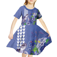 Hawaii Aloha Turtle Hibiscus and Leaves Kid Short Sleeve Dress with Polynesian and Kakau Tattoos Denim Color LT03 - Polynesian Pride