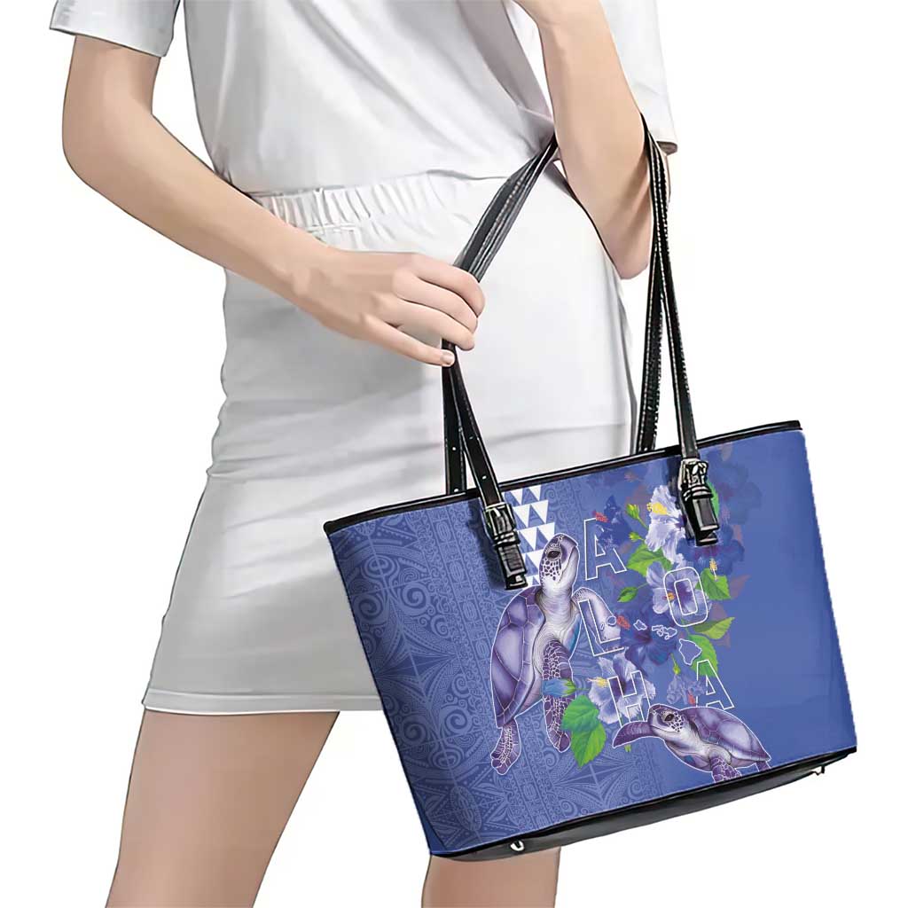 Hawaii Aloha Turtle Hibiscus and Leaves Leather Tote Bag with Polynesian and Kakau Tattoos Denim Color - Polynesian Pride