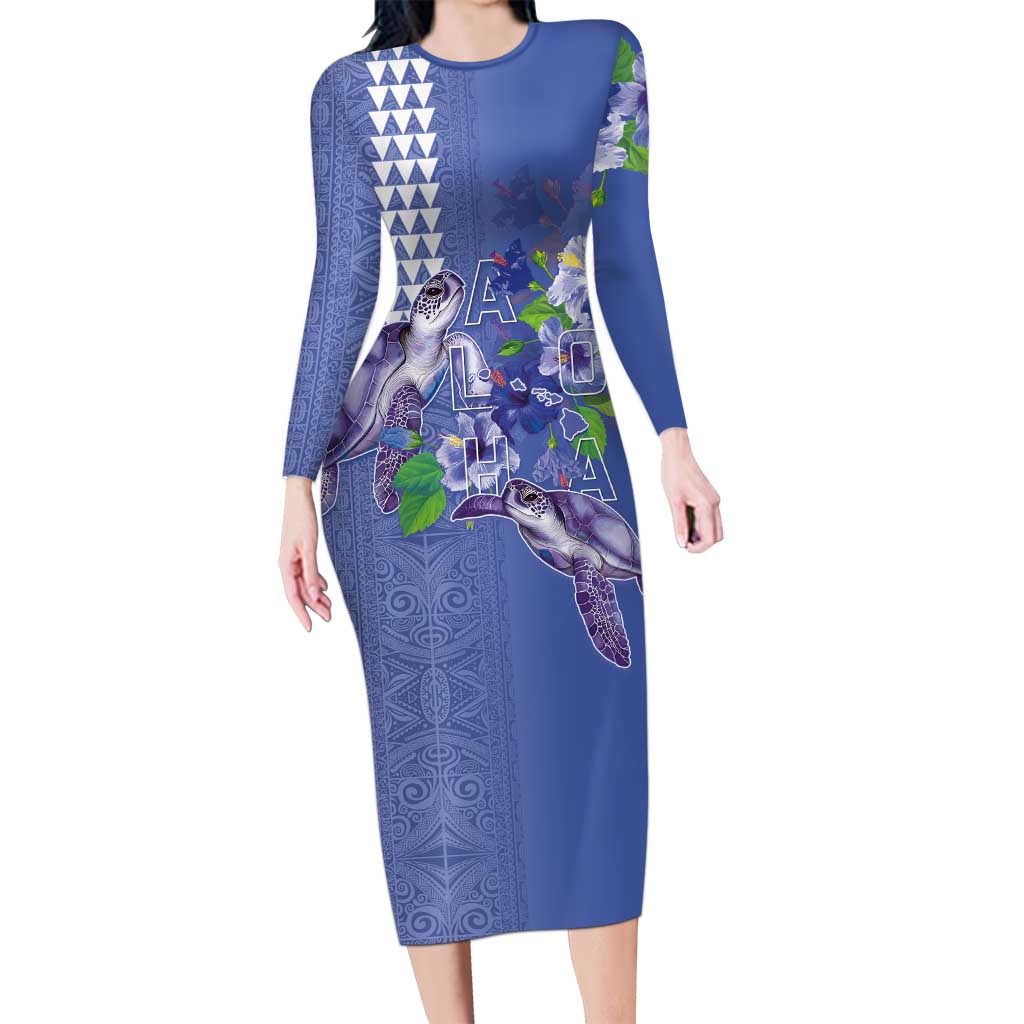 Hawaii Aloha Turtle Hibiscus and Leaves Long Sleeve Bodycon Dress with Polynesian and Kakau Tattoos Denim Color - Polynesian Pride