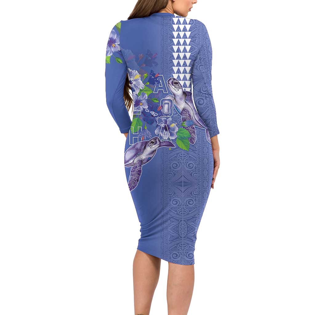 Hawaii Aloha Turtle Hibiscus and Leaves Long Sleeve Bodycon Dress with Polynesian and Kakau Tattoos Denim Color - Polynesian Pride