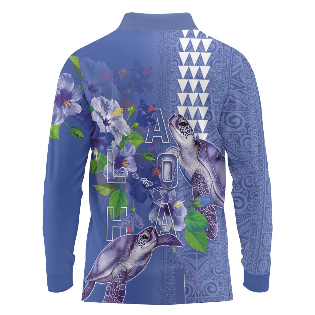 Hawaii Aloha Turtle Hibiscus and Leaves Long Sleeve Polo Shirt with Polynesian and Kakau Tattoos Denim Color LT03 - Polynesian Pride