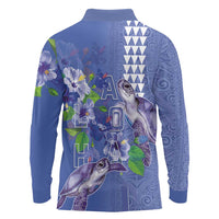 Hawaii Aloha Turtle Hibiscus and Leaves Long Sleeve Polo Shirt with Polynesian and Kakau Tattoos Denim Color LT03 - Polynesian Pride
