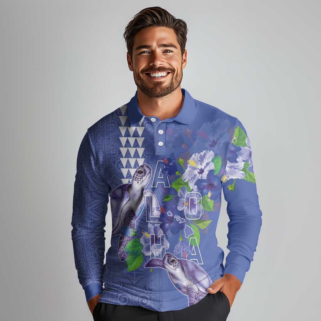 Hawaii Aloha Turtle Hibiscus and Leaves Long Sleeve Polo Shirt with Polynesian and Kakau Tattoos Denim Color LT03 - Polynesian Pride