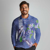 Hawaii Aloha Turtle Hibiscus and Leaves Long Sleeve Polo Shirt with Polynesian and Kakau Tattoos Denim Color LT03 - Polynesian Pride