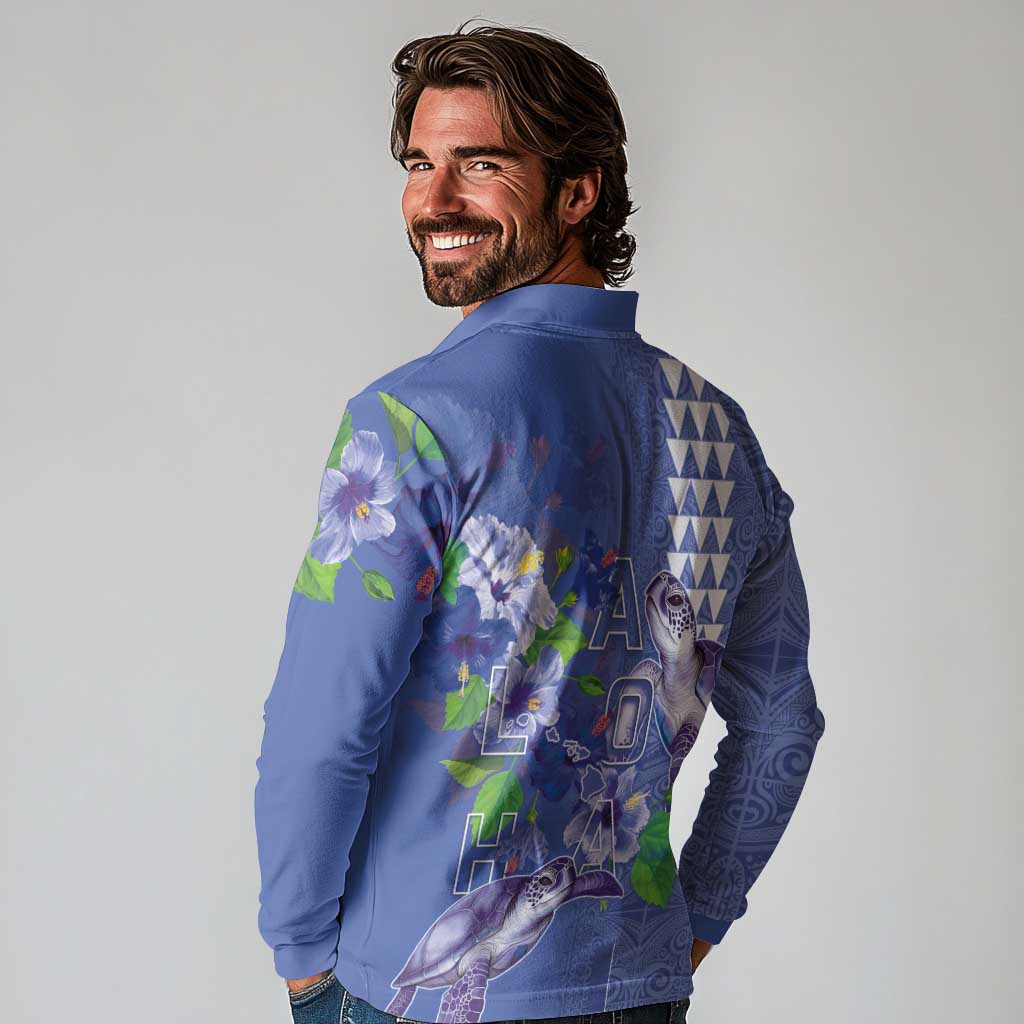 Hawaii Aloha Turtle Hibiscus and Leaves Long Sleeve Polo Shirt with Polynesian and Kakau Tattoos Denim Color LT03 - Polynesian Pride