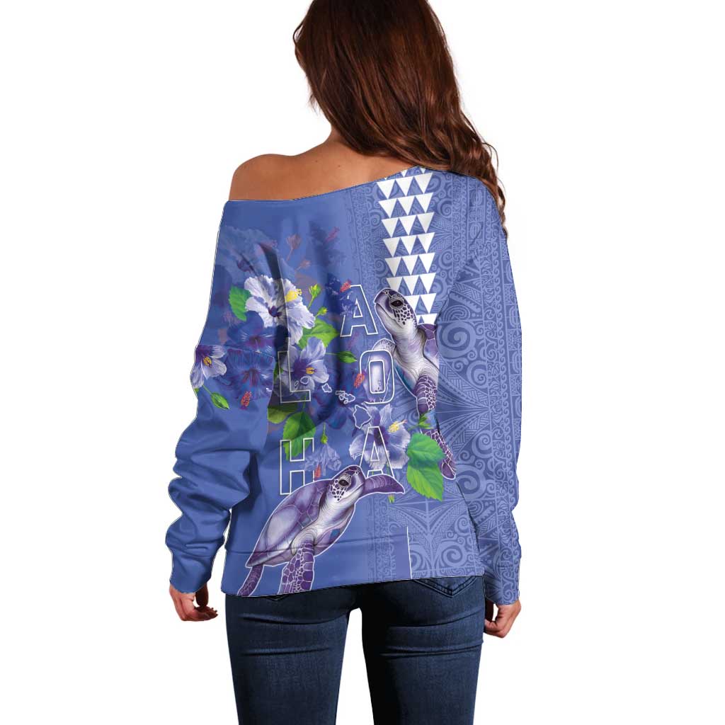 Hawaii Aloha Turtle Hibiscus and Leaves Off Shoulder Sweater with Polynesian and Kakau Tattoos Denim Color - Polynesian Pride